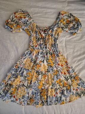 Liberty Love White Dress with Yellow, Blue & Red Floral Print